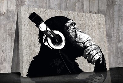 Banksy Monkey Kopfhörer Drucke Wandbild montiert Leinwandbild fertig zum Aufhängen
