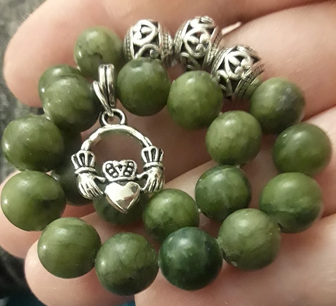 Green Connemara Marble Bead Bracelet+Sterling Silver Filled Irish CLADDAGH  Charm