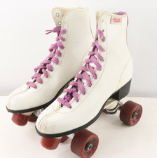 Vintage 70s Womens 9 Lace Up Leather Roller Skates Roller Derby White Purple