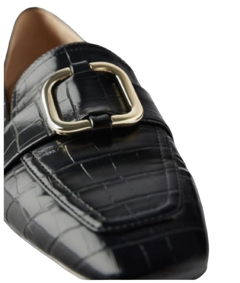 ZARA Croc Embossed Loafers Buckle Black 39 US 8 Square Toe Slip On Animal Print - Image 3 of 4