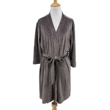 Splendid Robe Womens L Large Gray Velour Lightweight Fleece Open Front Self Tie