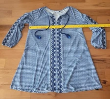 Cabana Life Blue and White XL Embroidered Dress Longsleeve Tassles NWOT