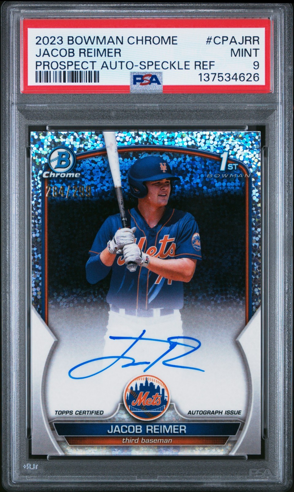 2023 Bowman Chrome Jacob Reimer 1st Speckle Refractor Auto /299 New York Mets RC