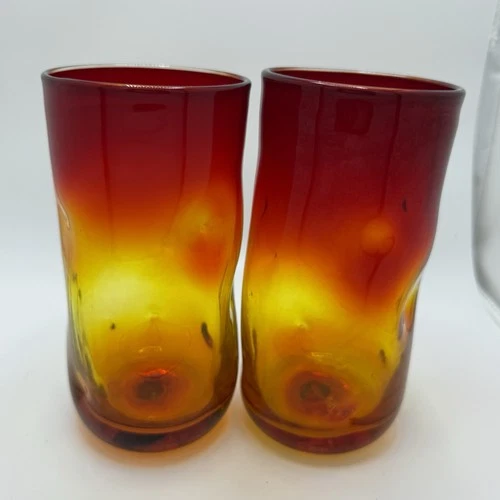 Blenko Large Dimple Glasses - Set of 2 - Amberina Red Ombré Tangerine