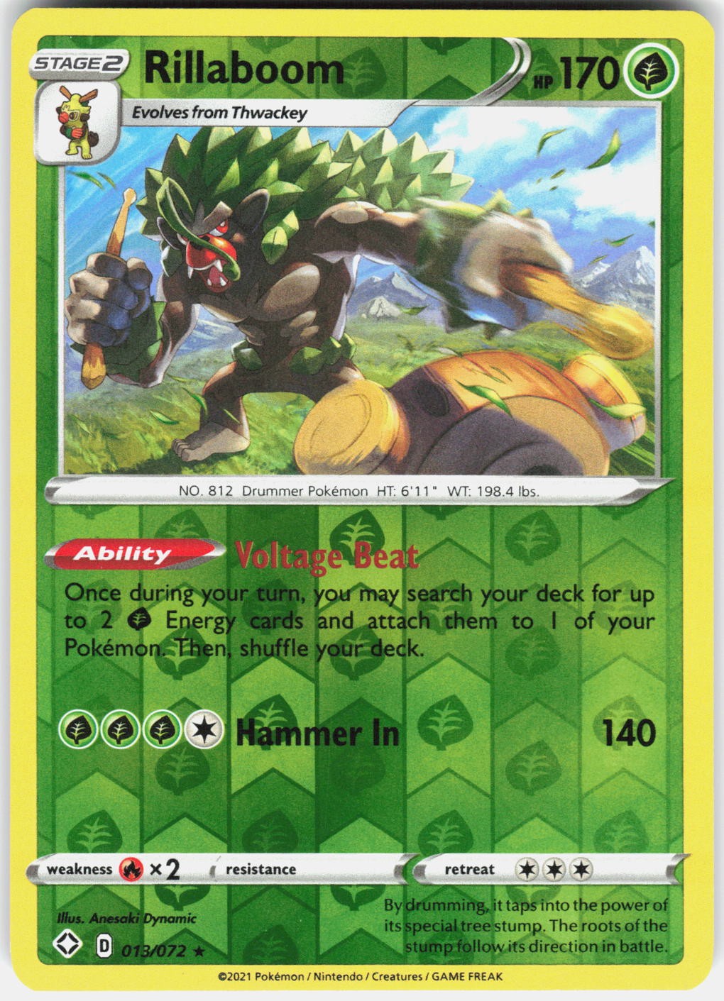 RILLABOOM 013/072 RARE SHINING FATES POKEMON REVERSE HOLO LP
