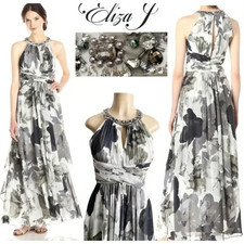 Eliza J NWT Women's White/Black/Gray Ruffled Beaded Ethereal Gown, Size 8