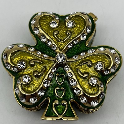 Clover Irish Trinket Box Enamel Gold Rhinestones 