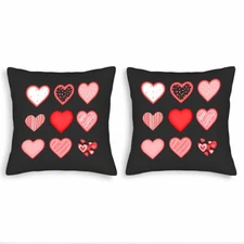 Set of 2 18x18in Throw Pillow Covers - Black with 9 Unique Heart Patterns
