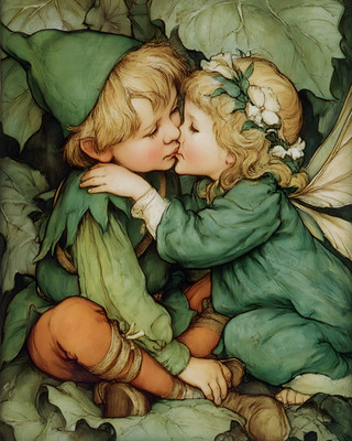 8x10 Cozy Storybook Two Children Kissing in Leaves Art Print - 693550627