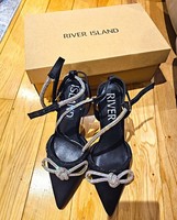 River Island UK 5 Black/Silver Pointed Toe Stiletto Ankle Strap Bow Heels