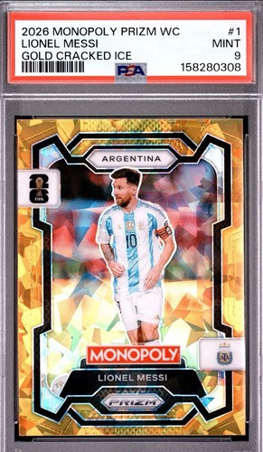 2026 MONOPOLY PRIZM WC LIONEL MESSI GOLD CRACKED ICE LOW POP PSA 9
