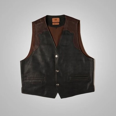 Mens Buffalo Leather Vest Rugged Western Biker Outlaw Black Tan Panels Waistcoat
