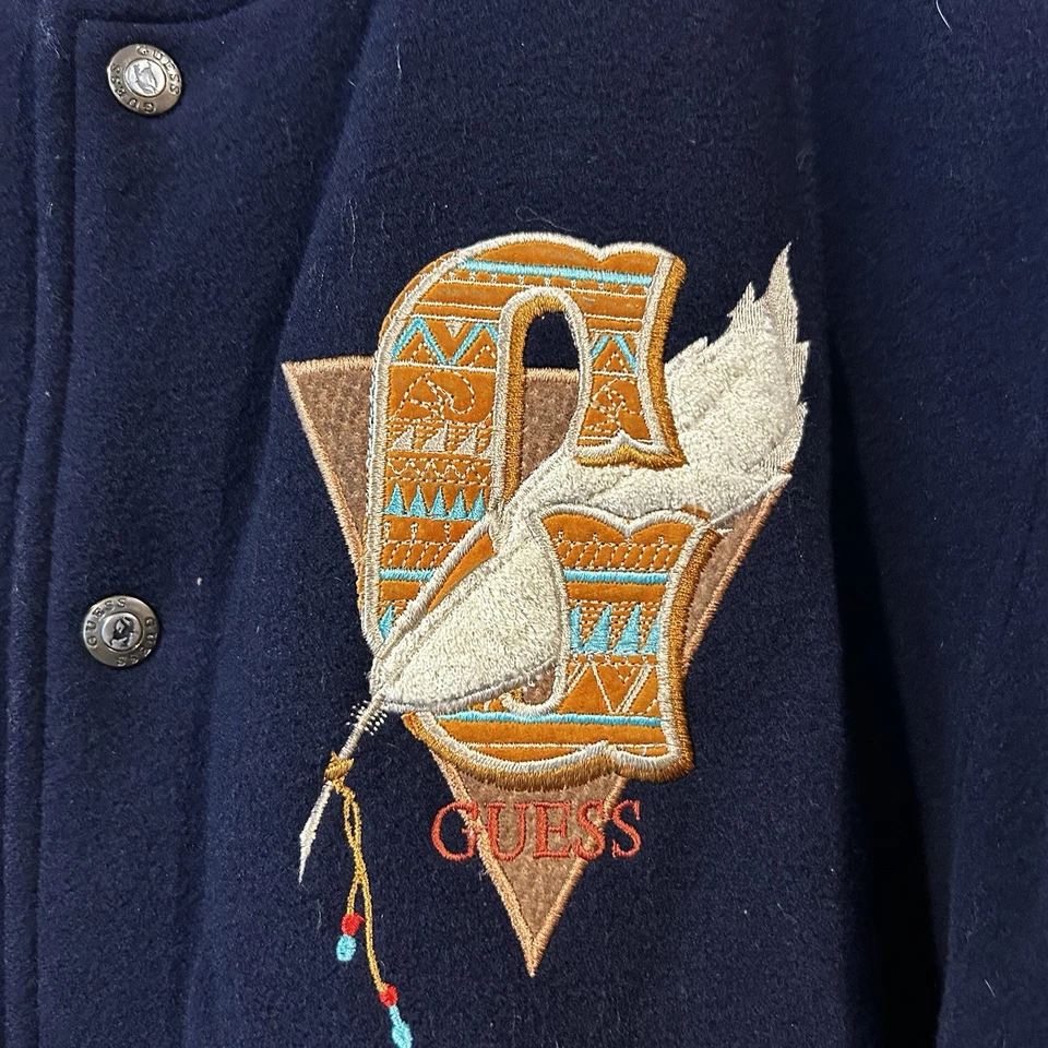 Guess Vintage 1990s Blue Wool Brown Leather Varsity Indian Head Aztec Jacket M - Image 4 of 4