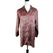 Vintage Victoria's Secret XS Red Green Gold Paisley Satin Shirt Dress Night Gown