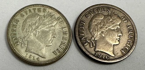 1914-D, 1916 Barber Silver Dimes - 2 Coins, Uncirculated