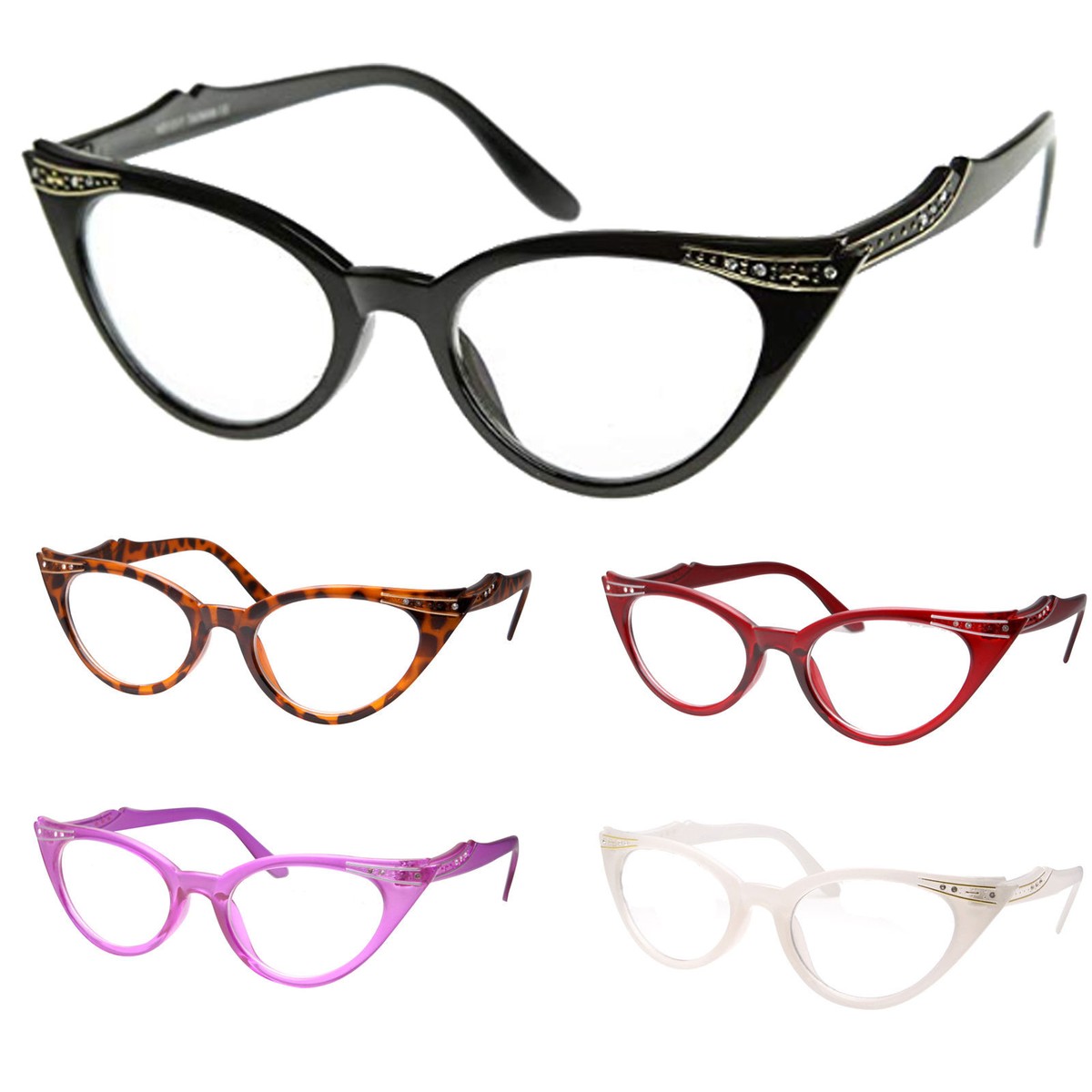 Vintage 1950s Cat‎ Eye Glasses Horn Rimmed Rhinestone USA Made Vintage 1950s Rhinestone Studded Eyeglass Frames Silver and  main image 3