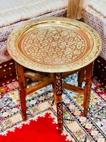 Handgefertigt marokkanisch 20" Runde Messing Tablett Teetisch mit klappbarem Holzständer Neu - Bild 26 von 44