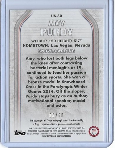 2018 TOPPS OLYMPICS AMY PURDY AUTOGRAPH AUTO CARD /60 ~ USA SNOWBOARDING - Picture 2 of 2