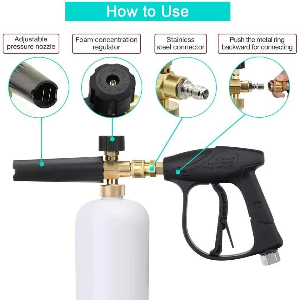 1/4" Snow Foam Washer Gun Car Wash Soap Lance Cannon Spray Pressure Jet Bottle - Imagem 4 de 4