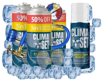 ClimaSet Paket R134a 3in1 Befüllen Klimaanlage Kältemittel Leck Stop Arctic COOL