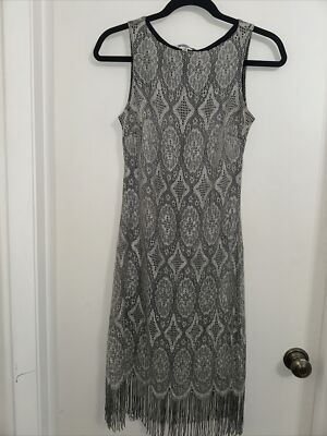 Hourglass Brand Flapper Style Dress Crochet Fringe Silver Color Fitted Size  M | eBay
