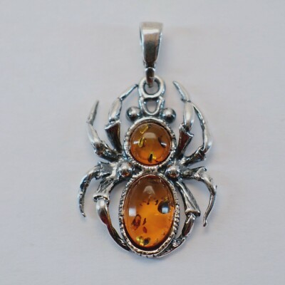 Natürlicher Cognac / Brauner Ostseer Bernstein Spinne Anhänger 925 STERLING SILBER #4547e