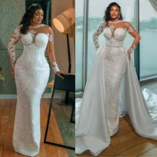 Plus Size Mermaid Wedding Dresses Long Sleeves Lace Bridal Gown Detachable Train