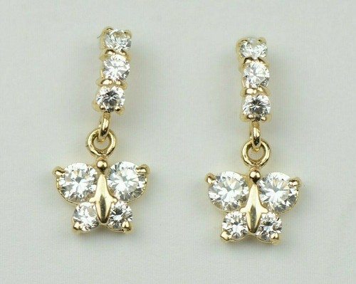 14K Yellow Gold Cubic Zirconia Birthstone Butterfly Dangle Screw Back Earrings - Picture 5 of 13