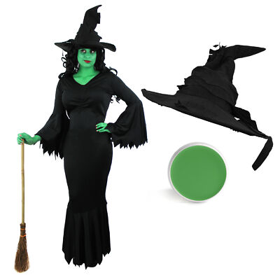 WICKED WITCH COSTUME GREEN FACEPAINT WITCHES HAT ADULTS HALLOWEEN