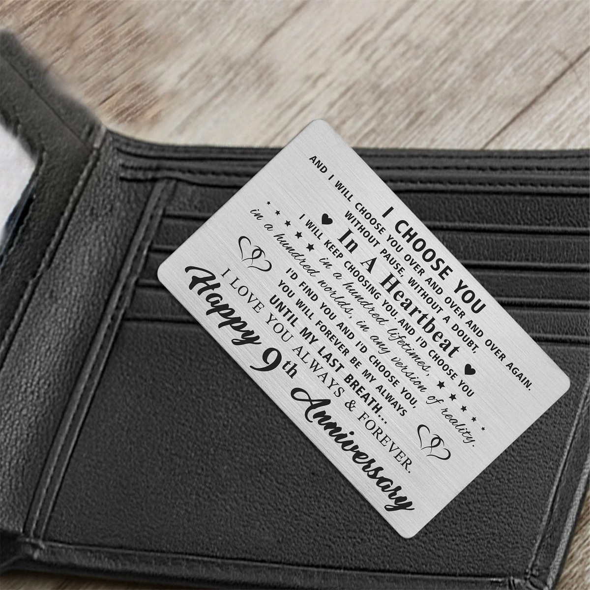 9 Year Anniversary Engraved Wallet Card – Stainless Steel Gift For Husband Or Wife - View #3