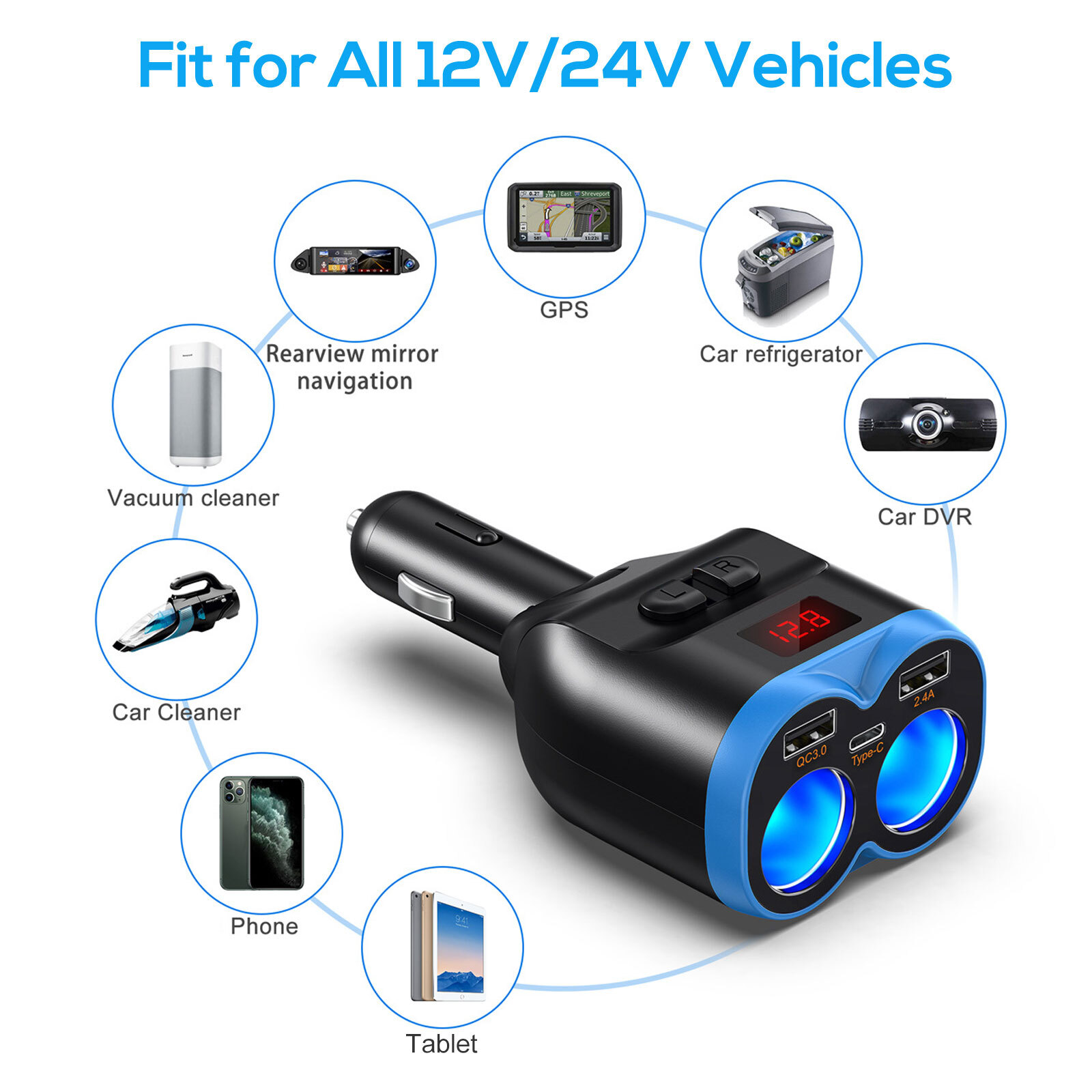 12-24V 2 Way Car Cigarette Lighter Socket Splitter QC3.0+PD+2.4A Power Adapter