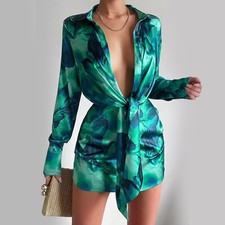 Women's Fashion Deep Collar V Neck Tie Front Long Sleeve Mini Party Dress New