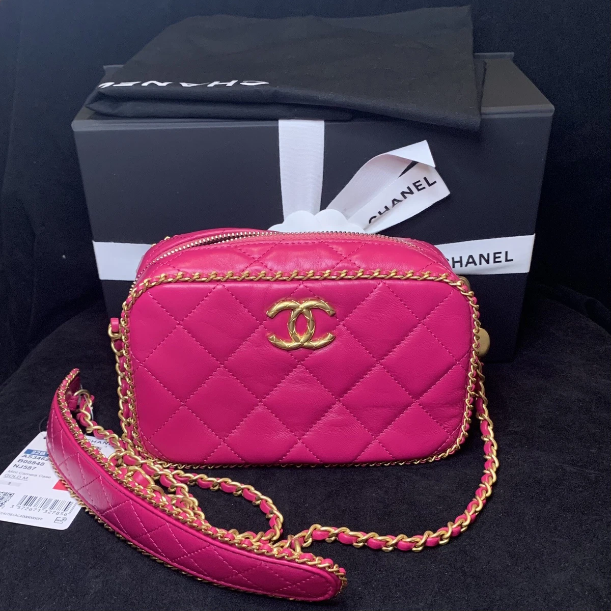 NWT Chanel mini camera case Fuchsia Lambskin Gold HW Chain Around Cross  body