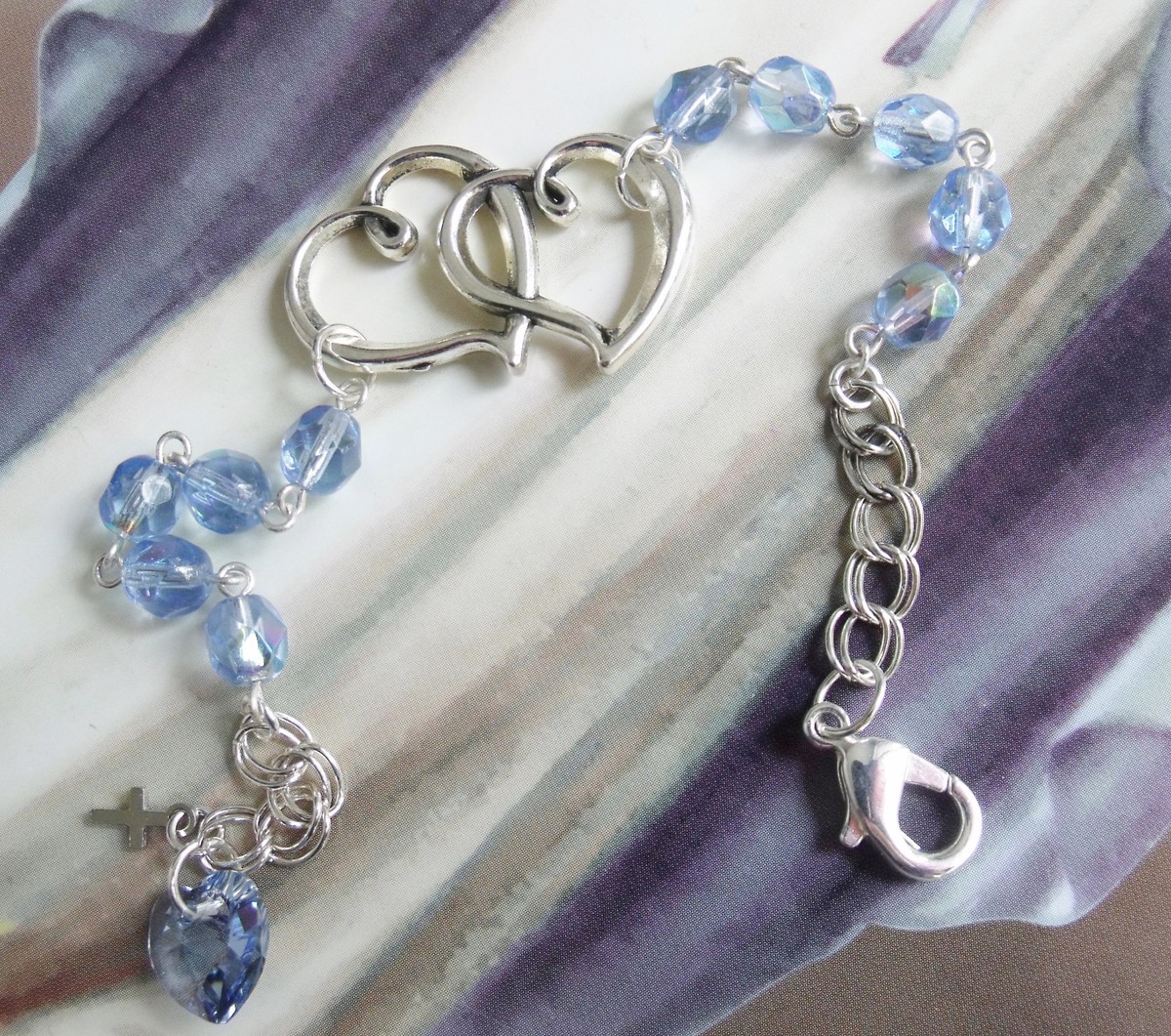 New Light Blue Glass Bead Double Heart Crystal Christian Bracelet