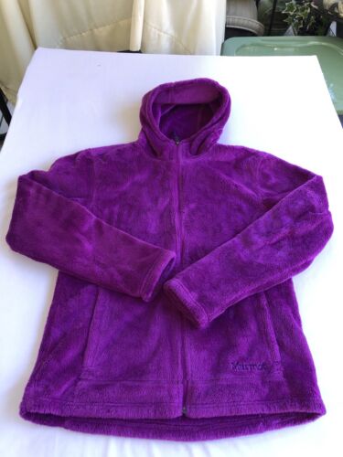 MARMOT Polartec Women Fluffy Fleece Jumper Large Full Zip Neon Purple Hooded - Picture 4 of 10