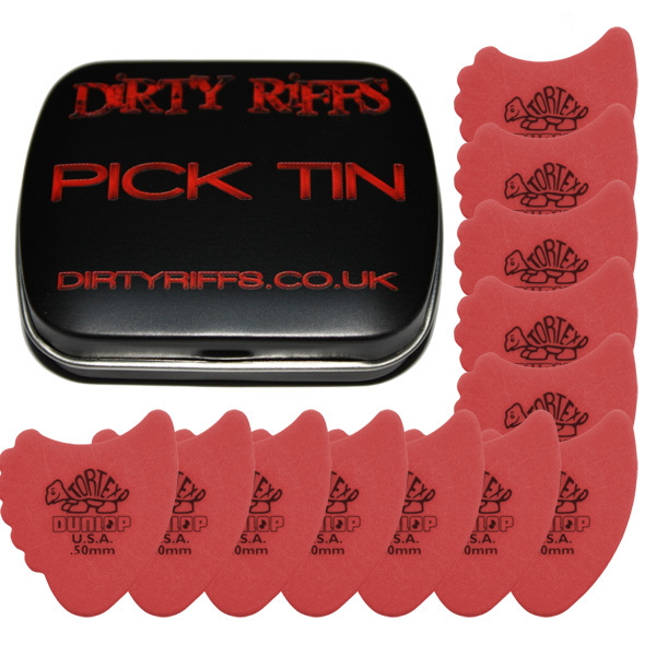 12 x Dunlop Tortex Fin Guitar Picks / Plectrums - 0.50mm Red In A Handy Pick Tin