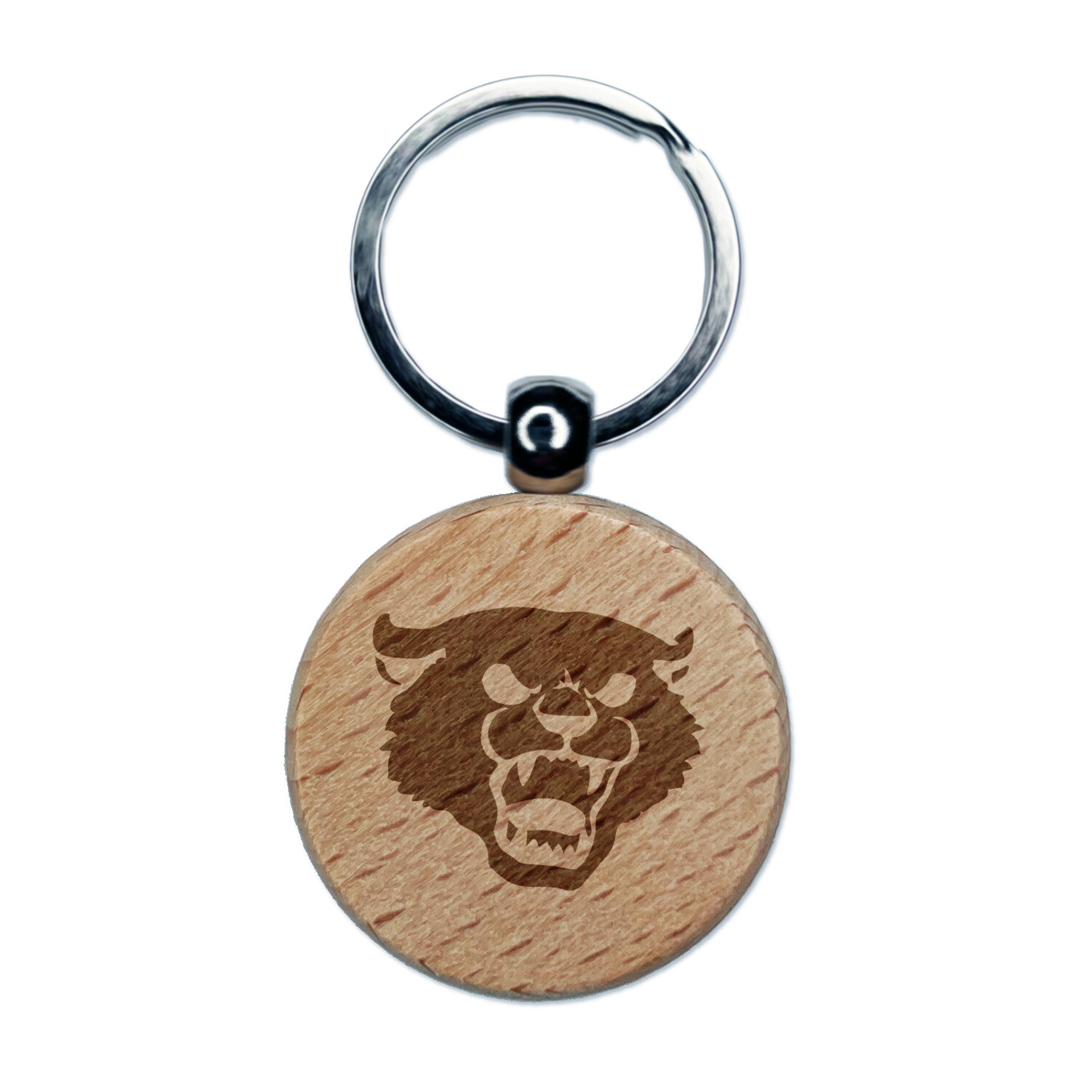 Angry Hissing Cat Face Engraved Wood Round Keychain Tag Charm