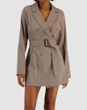 Kit + Sky Juniors' Women's Brown White Plaid Lined Blazer Jacket Dress Size M