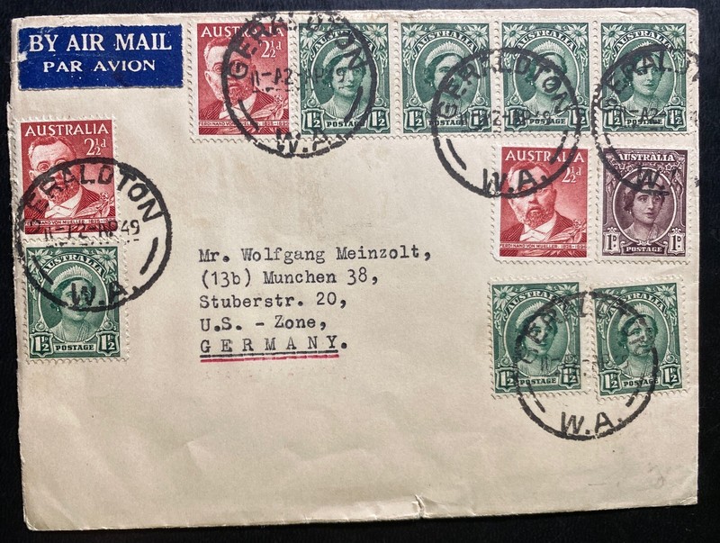 1949 Geraldton Australia Airmail Cover To Munich uS Zone Germany