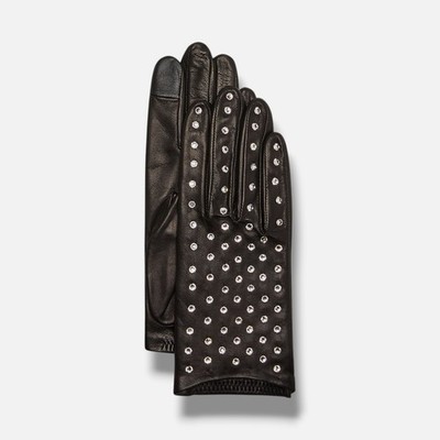 Agnelle Women's Black Bejeweled Leather Gloves Size 7