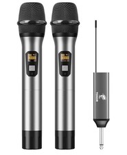 Wireless UHF Dual Mic System w Rechargeable Receiver for Karaoke, DJ, Party NEW
