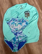 Hurley Girls Swim Set Aqua Long Sleeve Rash Guard  Marble Swimsuit Size 5/6