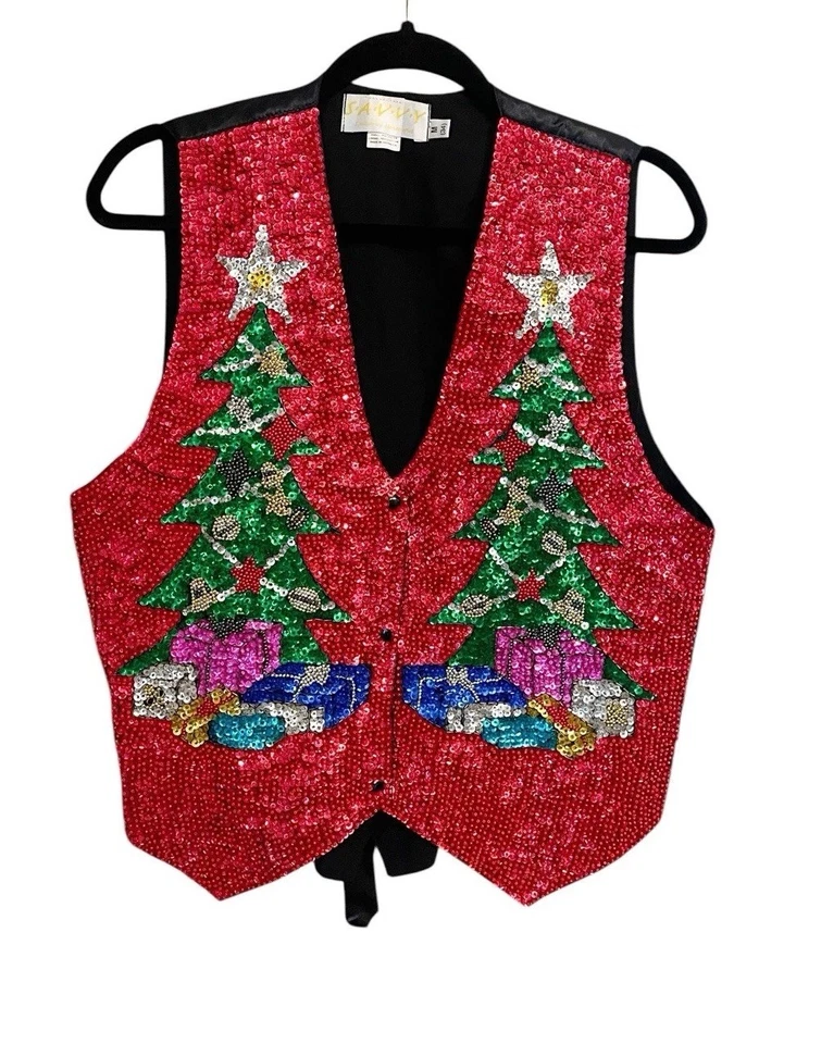Винтажный S.A.V.V.Y. Жилет ручной работы с блестками уродливый рождественский конкурс размер M праздничный - Изображение 2 из 4