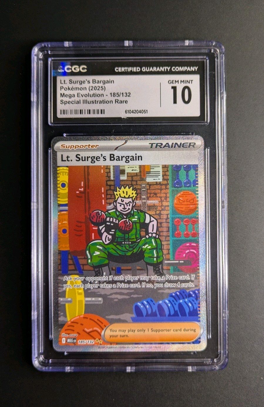 Lt. Surge’s Bargain 185/132 Mega Evolutions SIR CGC GEM MINT 10 Graded Slab