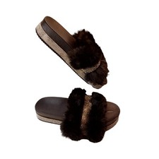 New Women's Faux Fur Rhinestone Platform Slide Crystal Mid Heel Slipper Sandal