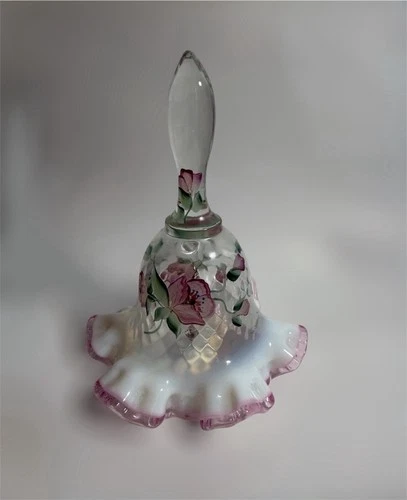 Fenton Pink Opalescent Hand Painted Flowers Diamond Pattern Ruffled Bell Signed