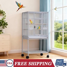 41 Inch White Bird Cage Large Parrot Cage w/ Tray Food Boxes and Wooden Perches