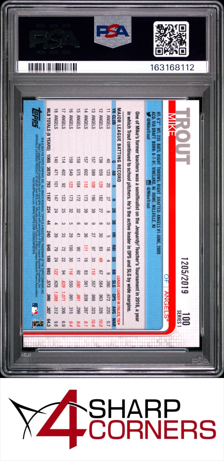 2019 TOPPS GOLD #100 MIKE TROUT ANGELS #/2019 PSA 9 view 2
