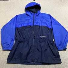Columbia Womens Large Jacket Blue Colorblock Windbreaker Hooded Zip Packable