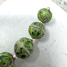 Vintage Green Cloisonn  Beads With Silver-Tone Accents For Jewelry Making